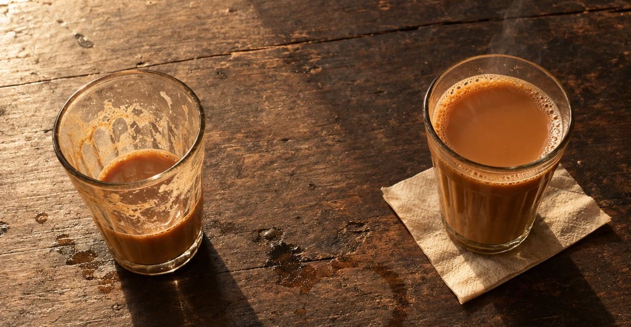 Two glasses of chai on a wooden table. One is half drunk; the other is full and still steaming, set down on a napkin for someone who hasn't arrived.